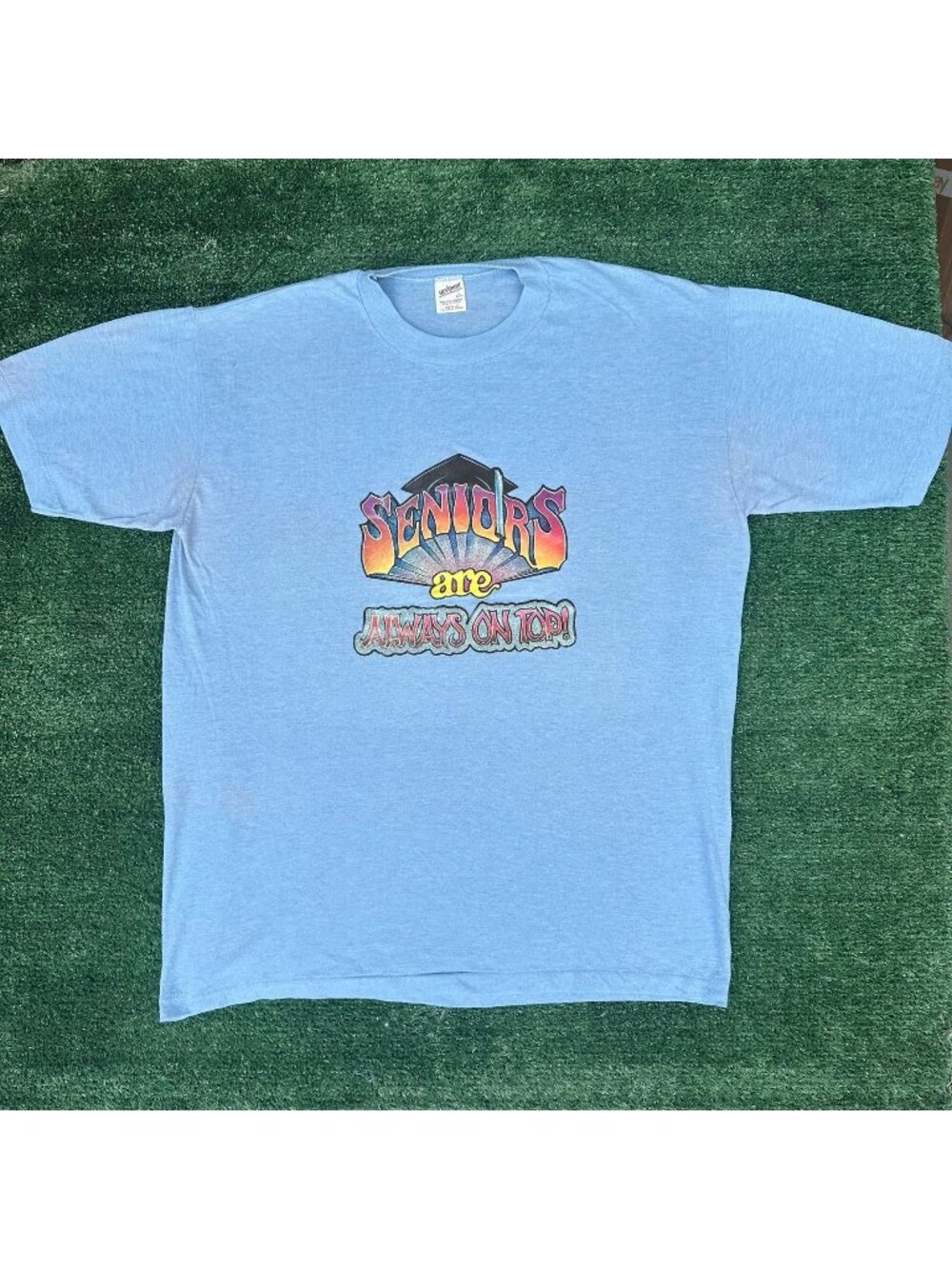 Vintage 80s Seniors Class 1986 T-Shirt Blue L Single Stitch Glitter Iron On